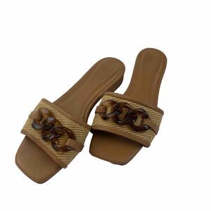 J McLaughlin Womens Sandals Tan Ethel Grass Cloth Slip On Slides Size 6 Leather